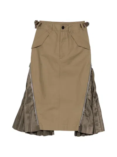 Sacai Zip-detail Midi Skirt In Brown