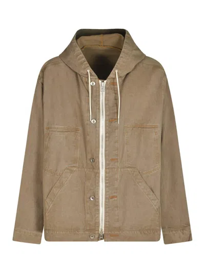 Sacai Zipped Denim Hoodie In Brown