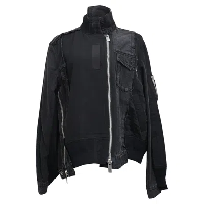 Sacai Zipped Paneled Jacket With Sleeve Pocket In Black Polyester And Cotton In Blue