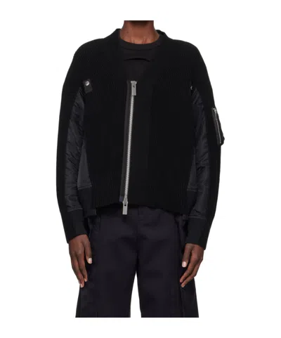 Sacai Black Cotton Blend And Nylon Bomber Jacket In Blue
