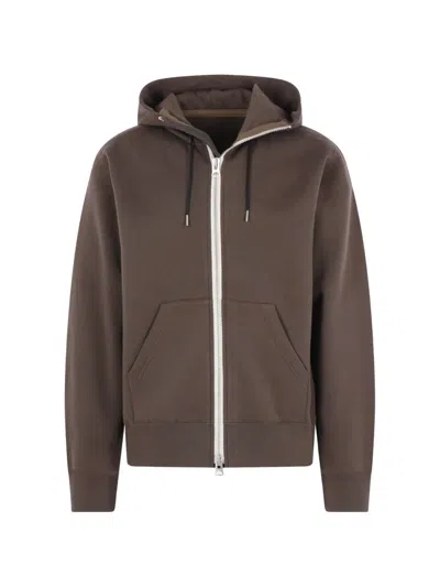 Sacai Zip-up Drawstring Cotton Jersey Hoodie In Brown
