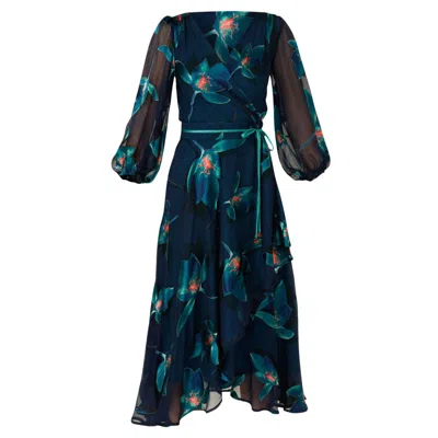 Sacha Drake Women's Blue Pendulum Wrap Dress In Teal Coral Floral In Black