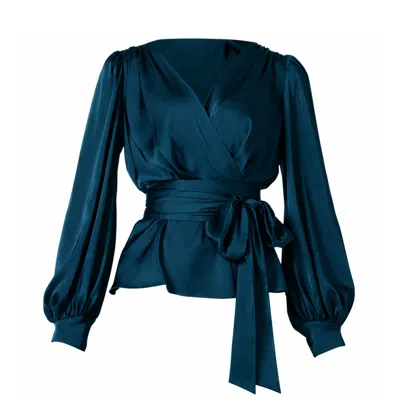 Sacha Drake Women's Blue Satin Faux Wrap Top In Peacock