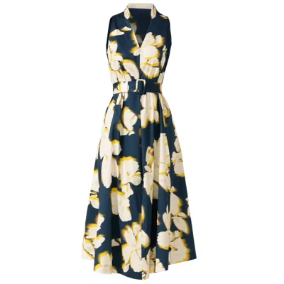 Sacha Drake Women's Blue / White / Yellow Simone Midi Dress In Navy Yellow Flower In Multi