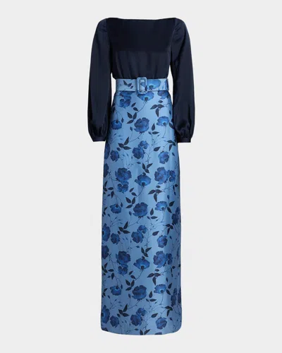 Sachin & Babi Astor Satin Belted Floral Gown In Multi