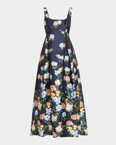 Sachin & Babi Aurora Pleated Floral-print Mikado Gown In Blue