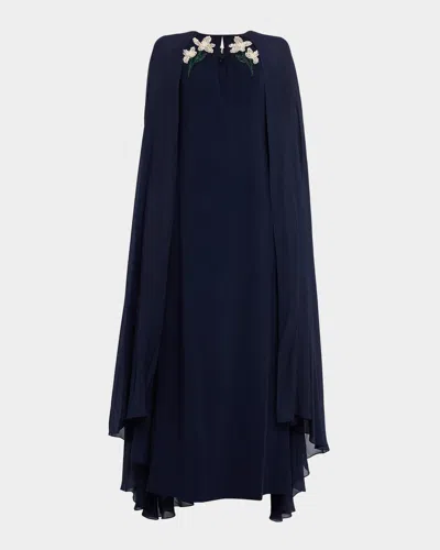 Sachin & Babi Beaded Chiffon Cape Crepe Gown In Blue