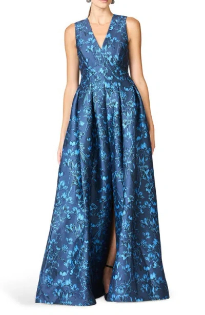 Sachin & Babi Brooke Floral Sleeveless Empire Waist Mikado Gown In Blue