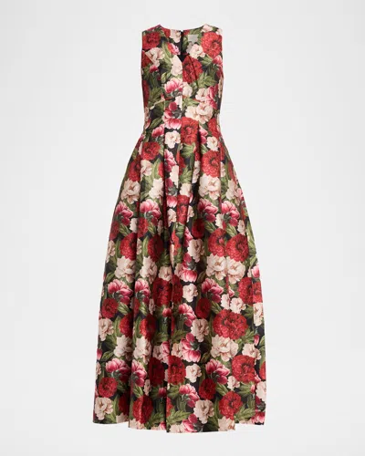 Sachin & Babi Brooke Pleated Floral-print Mikado Gown In Animal Print