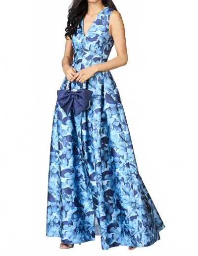 Sachin & Babi Brooke V Neck Gown In Frosted Magnolias In Multi
