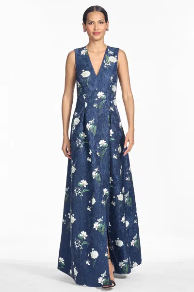 Sachin & Babi Brooklynne Navy White Floral Embellished Ball Gown In Alabaster Nocturne Floral