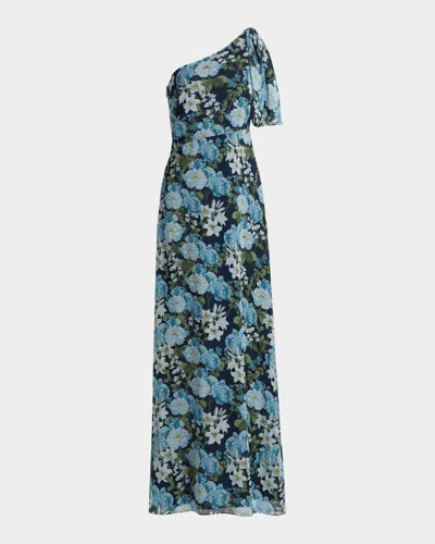 Sachin & Babi Chelsea Floral One-shoulder Gown In Blue