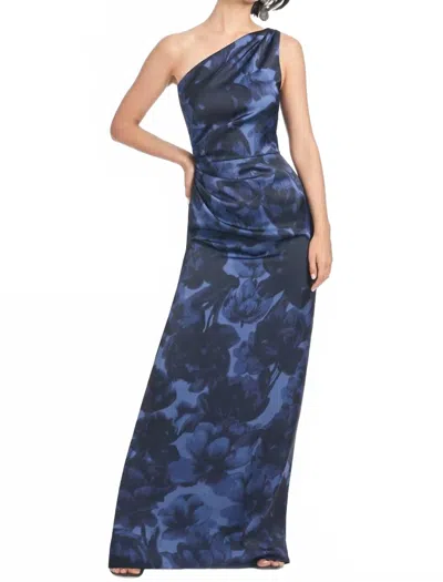 Sachin & Babi Delancy Floral One Shoulder Gown In Deep Ocean Bouquet In Blue