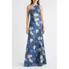 Sachin & Babi Delphine Floral Print One-shoulder Gown In Blue
