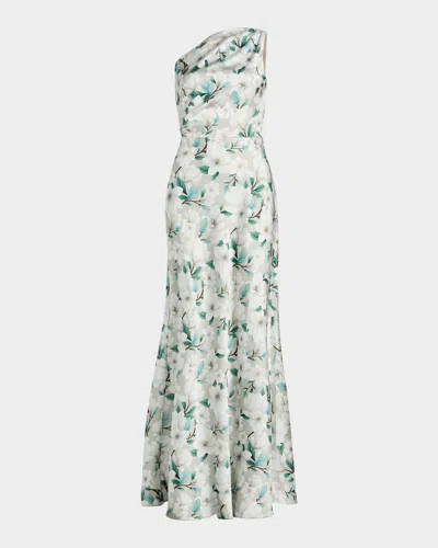 Sachin & Babi Delphine One-shoulder Floral Satin Crepe Gown In Gray