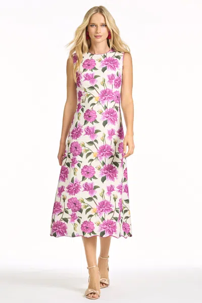 Sachin & Babi Devon Ivory Pink Floral Crepe Tea Length A-line Dress In Azalea Pink Peony
