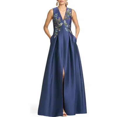 Sachin & Babi Embroidered Floral Sleeveless Mikado Gown In Blue