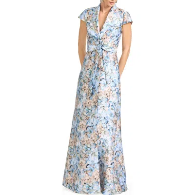 Sachin & Babi Etienne Floral-print Mikado Wrap Gown In Blue