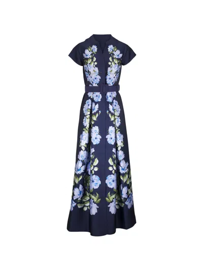 Sachin & Babi Marta Belted Floral-print Mikado Shirt Gown In Blue