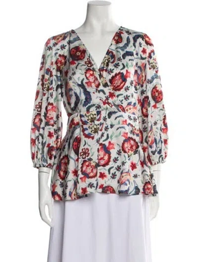 Pre-owned Sachin & Babi Floral Print V-neck Blouse In White