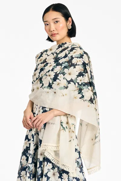 Sachin & Babi Florie Blue Ivory Floral Cotton Silk Scarf In Midnight Magnolia