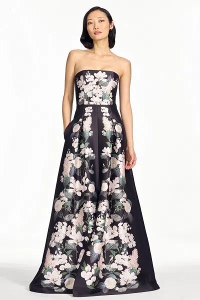 Sachin & Babi Gillian Strapless Floral Stretch Mikado Gown In Black