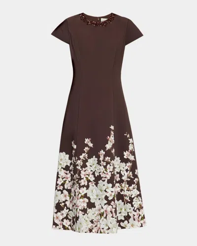 Sachin & Babi Harper Beaded Floral-print Midi Dress In Brown