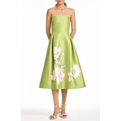 Sachin & Babi Hay Placed Floral Strapless Cocktail Midi Dress In Green