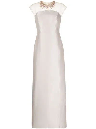Sachin & Babi Irina Embellished Illusion Neckline Stretch Mikado Gown In Frosty Pewter In Multi