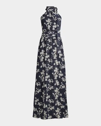 Sachin & Babi Kayla Floral High-neck Gown In Navy Venet