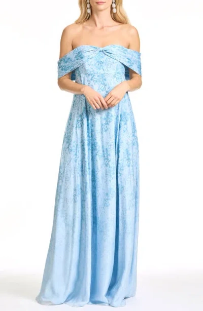 Sachin & Babi Kennedy Floral Print Off The Shoulder Gown In Blue