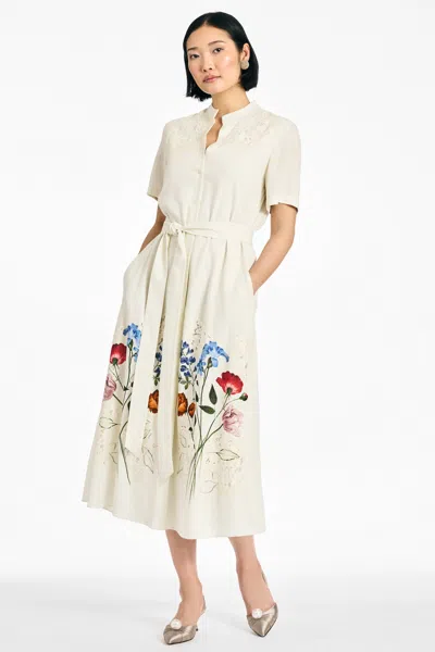 Sachin & Babi Krista Ivory Floral Linen Blend Tea Length A-line Dress In Flower Fields