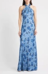 Sachin & Babi Laurant Floral Sleeveless Satin Crepe Gown In Blue