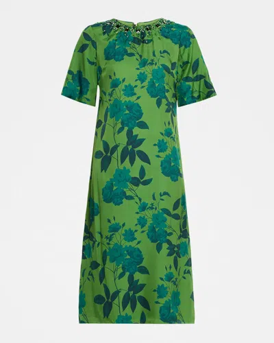 Sachin & Babi Lemie Beaded Floral-print Twill Midi Dress In Green