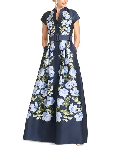 Sachin & Babi Marta Placed Floral Mikado Gown In Blue