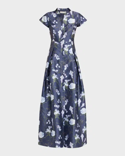 Sachin & Babi Marta Pleated Floral Mikado Gown In Blue