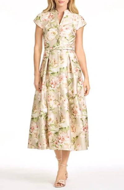 Sachin & Babi Martine Floral Mikado Belted Cocktail Midi Dress In Green