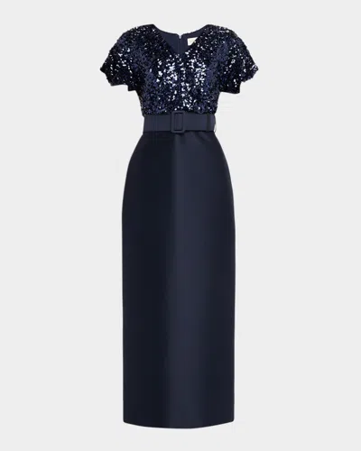 Sachin & Babi Merlene Sequin & Stretch Mikado Column Gown In Blue