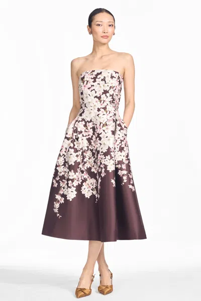 Sachin & Babi Shay Brown Floral Mikado Fit And Flare Dress In Chocolate Covered Cherry Blossoms