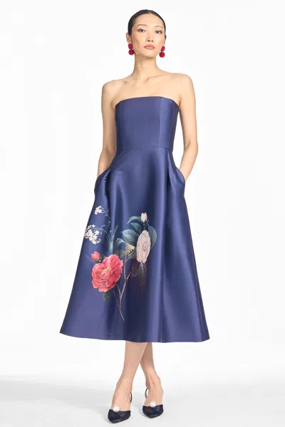 Sachin & Babi Shay Floral Strapless Stretch Mikado Cocktail Midi Dress In Blue