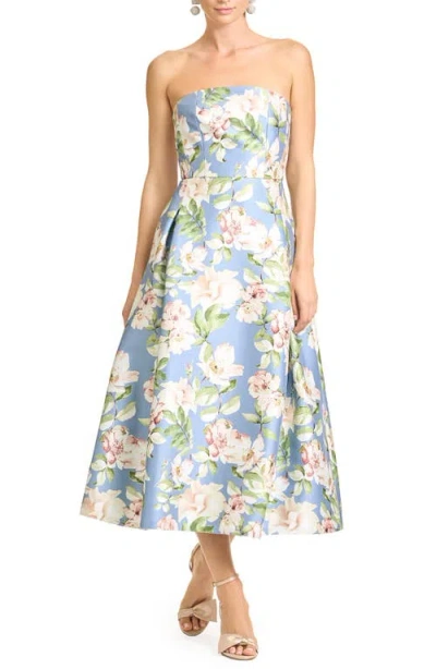 Sachin & Babi Shay Floral Strapless Cocktail Midi Dress In Blue