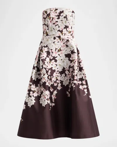 Sachin & Babi Shay Brown Floral Mikado Fit And Flare Dress In Chocolate Covered Cherry Blossoms