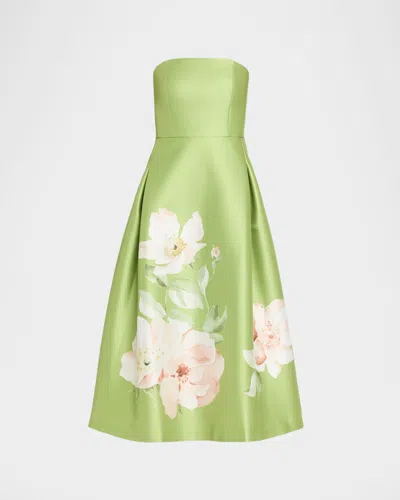 Sachin & Babi Hay Placed Floral Strapless Cocktail Midi Dress In Green