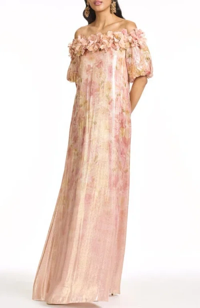 Sachin & Babi Valentina Metallic 3-d Floral Detail Off The Shoulder Gown In Pink