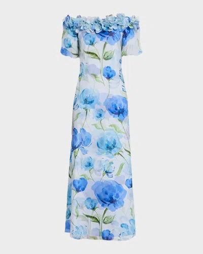 Sachin & Babi Valentina Off-shoulder Floral Chiffon Gown In Blue