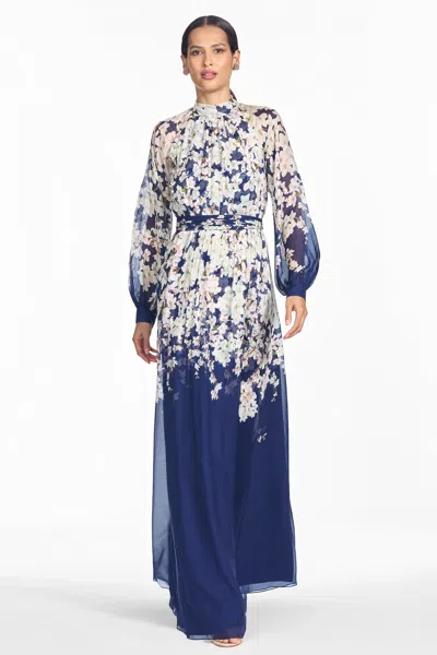 Sachin & Babi Valeria Blue Floral Silk Chiffon A-line Gown In Sakura Nocturne