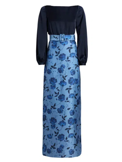 Sachin & Babi Women's Astor Satin Belted Floral Gown In Blue
