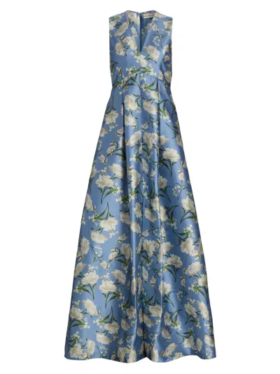 Sachin & Babi Brooklynne Pleated Floral Mikado Gown In Blue