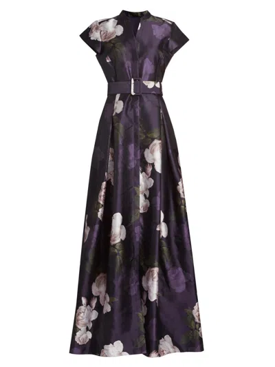 Sachin & Babi Marta Pleated Floral-print Shirt Gown In Purple