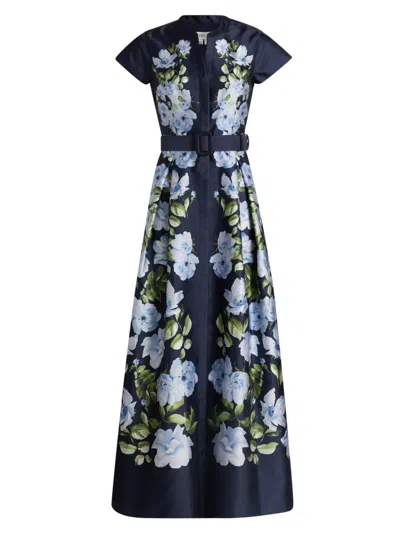 Sachin & Babi Marta Belted Floral-print Mikado Shirt Gown In Blue